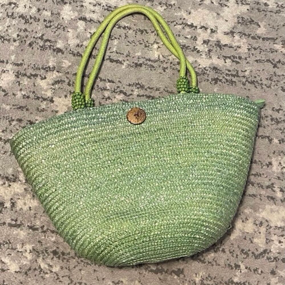 Capelli Straworld Lime Green Straw Basket Tote Bag Beaded Handles